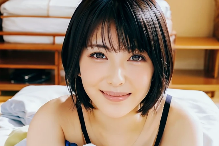 Japanese、Beauty、(masterpiece), (highest quality), (Super Detail), ⁽short hair⁽), (whole body), (1 female), (full body), (Idol), Beautiful fine details, 繊細でBeautiful Face, floating, (High saturation), (underwear), Black Hair, bangs, A big smile, Girl in Love, highest quality, Very detailed, smile, Smart, Beautiful Face, 4K、8K、Lying on your back、Michan、Bed、gravure、foot、