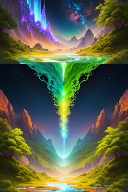 ((mejor calidad)), ((Obra maestra)), (detallado), Estilo a mitad de viaje,Eres un artista imaginativo encargado de crear una obra de arte extraordinaria que combine el tema de un universo verde  de ((cannabis)) con la majestuosidad del espacio exterior.. Tu objetivo es crear una pieza visualmente impresionante que muestre la coexistencia armoniosa del  cannabis  paisajes verdes, hierba vibrante, and unique elements thrive in the vastness of space, replacing traditional trees. Imagine una escena impresionante donde estructuras imponentes, que recuerda a esculturas abstractas, emerge from the cosmic void. These structures are composed of intertwined vines., musgo, and ethereal energy, creating an otherworldly spectacle. The vibrant green hues of these organic formations create a captivating contrast against the backdrop of the starry expanse.. Dentro de este universo verde, prados exuberantes de ((cannabis))se extienden hasta donde alcanza la vista, Cannabis swaying gently in the heavenly breeze. Instead of traditional trees, imaginar imponentes formaciones cristalinas que irradian con una suave, resplandor verde. Estas estructuras cristalinas sirven como centros para la vida., providing habitats for extraordinary creatures adapted to the wonders of space. Incorpora elementos como cascadas que brotan de estas formaciones cristalinas., creating iridescent rivers that meander through the landscape. Exotic flora and fauna, Designed exclusively for the cosmic environment., florecer en este universo verde. Imaginemos plantas bioluminiscentes que emiten una suave, luminiscencia verde, proyectando un brillo encantador en todo el paisaje. Experiment with the interaction of light and shadows., Using a palette of vibrant greens and subtle touches of celestial colors to add depth and dimension to your artwork. Incorporate celestial phenomena such as distant galaxies., nebulosas, y estrellas fugaces, 