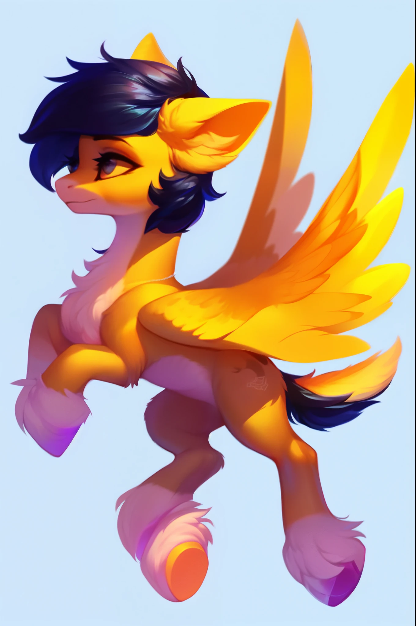 rating_safe, score_9, fluffy, feral pegasus pony, yellow body, short black hair, plain background, full body