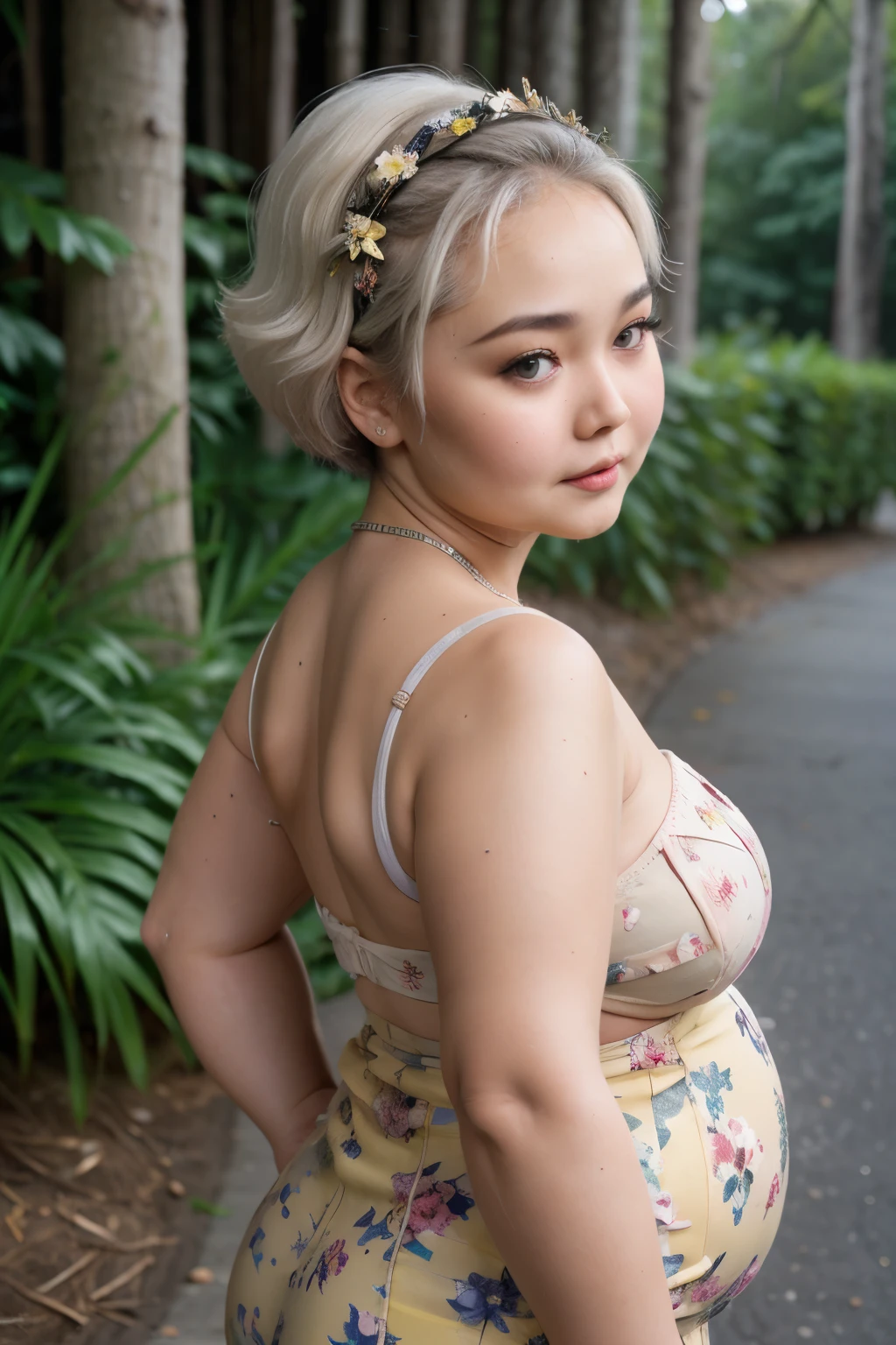 ((SHORT WHITE HAIR COLOR)), ((FLAT CHEST:1.2)), ((Lace)), (Happy smile), masutepiece, High quality, UHD 32K, Realistic face, Realistic skin feeling , A Japanese Lady, 58 years old matured lady, , Very cute and baby-like face, (((FLAT CHEST))), (Night time at forest), ((look In front at the camera and SADNESS)), (((CUTE GIRL))), ((YELLOW LIPS)), ((Floral Pattern)) little wearing strapless, strapless colorful, dark night background , black forest night, horror scary place, (from behind up) seductive pose, ((Chubby:1.6)),