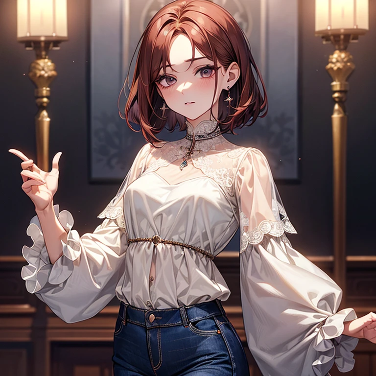 Reddish brown hair、Very Short Bob、Nape、Short nape、White lace high neck long sleeve blouse、Dark navy jeans、Long eyelashes、fine、young、delicate、10th Generation、Slender girl、Earrings、Livelinesodest chest、