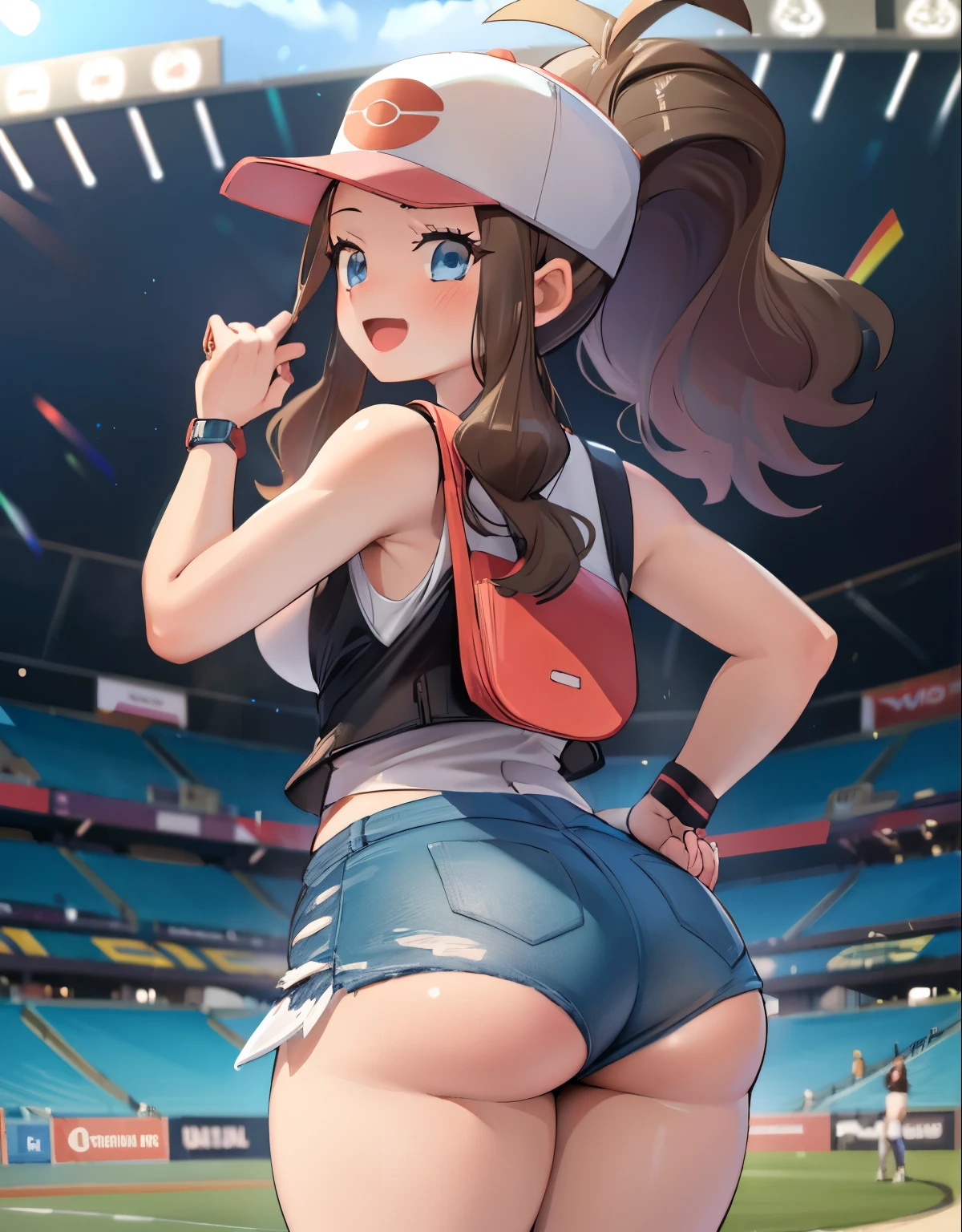 (best quality, highres, masterpiece:1.2), ultra-detailed, realistic:1.37, sketches, hilda pokemon, def1, curvy, visible thighs, chubby thighs, thighs in the foreground, body shape, loved look, smile, open mouth, encanto femenino, nsfw, back shot, from bihind, bubble ass, in a stadium, dinamic pose