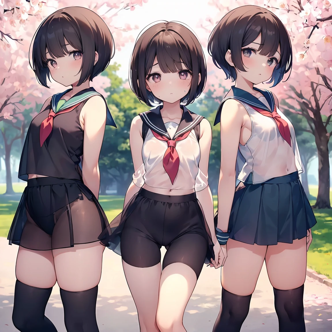 Super detailed, Best Quality, High resolution, Moe Anime, ((((She is wearing a see-through, short, sleeveless sailor uniform., Three cute girls with dark hair)))), (Baby Face), ((Big eyes:1.5, Droopy eyes:1.5)), Pretty eyes, View your viewers, Light skin, Focus on the face, (Flat Chest:1.5), Belly button, In the park with cherry blossoms falling, Knee-high boots, (Short Hair:1.5), (Put your arms behind your back:1.4), Slightly below