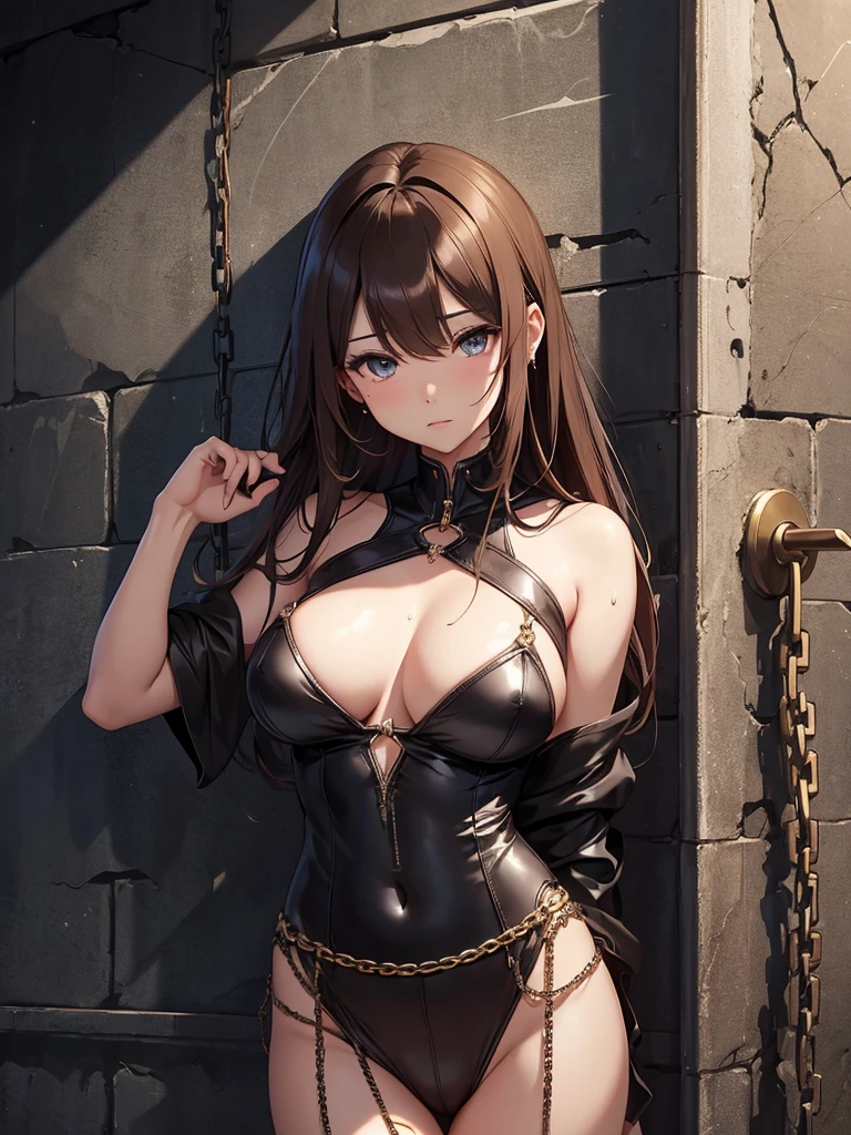 A beautiful woman held captive by long chains in front、、、 The handcuffs were chained to the wall、Being restrained in handcuffs、Crucifixion、sexy、、elegant、Beautiful eyes、atmosphere、beautiful、trance parent body stocking,　cowboy shot,、Brown Hair、Lots of sweat、Dark Prison、Stone wall、Fantastic Light、Big Breasts、ART、UHD、highest quality、masterpiece、