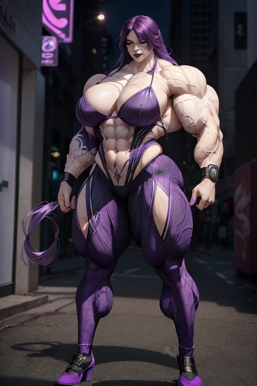 (((Close-up))), tall, (violet purple hair), beautiful muscular cybernetic female ninja, (long hair with long bangs), black lipstick, pale white skinned, closed smile, large breast, (massive muscles), (hyper muscle), ((ginormous bulky muscles)), yellow eyes, (ninja mask), ((violet cybernetic ninja armor suit)), (black cape), ((violet cybernetic ninja armor pants)), choker, cybernetic boots, ((holding a massive fire sword)), (in front of a burning castle), 