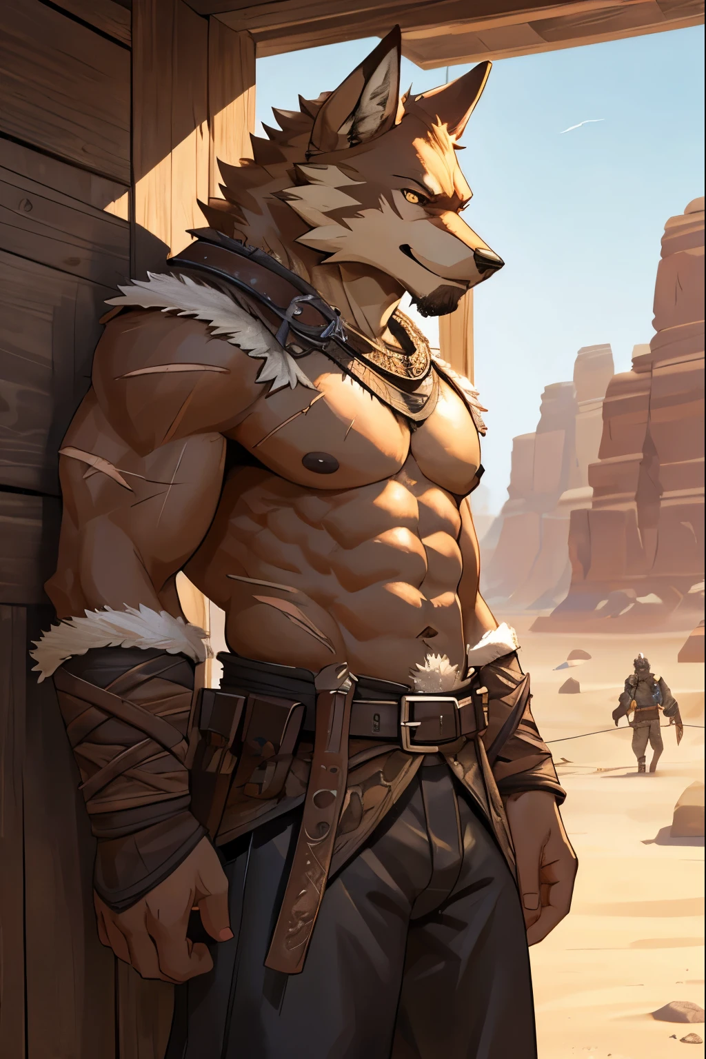 Masterpieces, furry, male, Anthropomorphic, old age, brown coyote, feminine and slender body type, Delicate eyes, white goatee, grizzled fur, glistening body, raider, thief, marauder, brown skin, depth of field, warm lighting, bright lighting, (best quality),(masterpiece),(ultra detailed), sharp focus, desert background, very large succulent black nipples, fierce look, evil grins, scars, glossy, oiled up, oily skin, black trousers, shirtless, thick leather belt