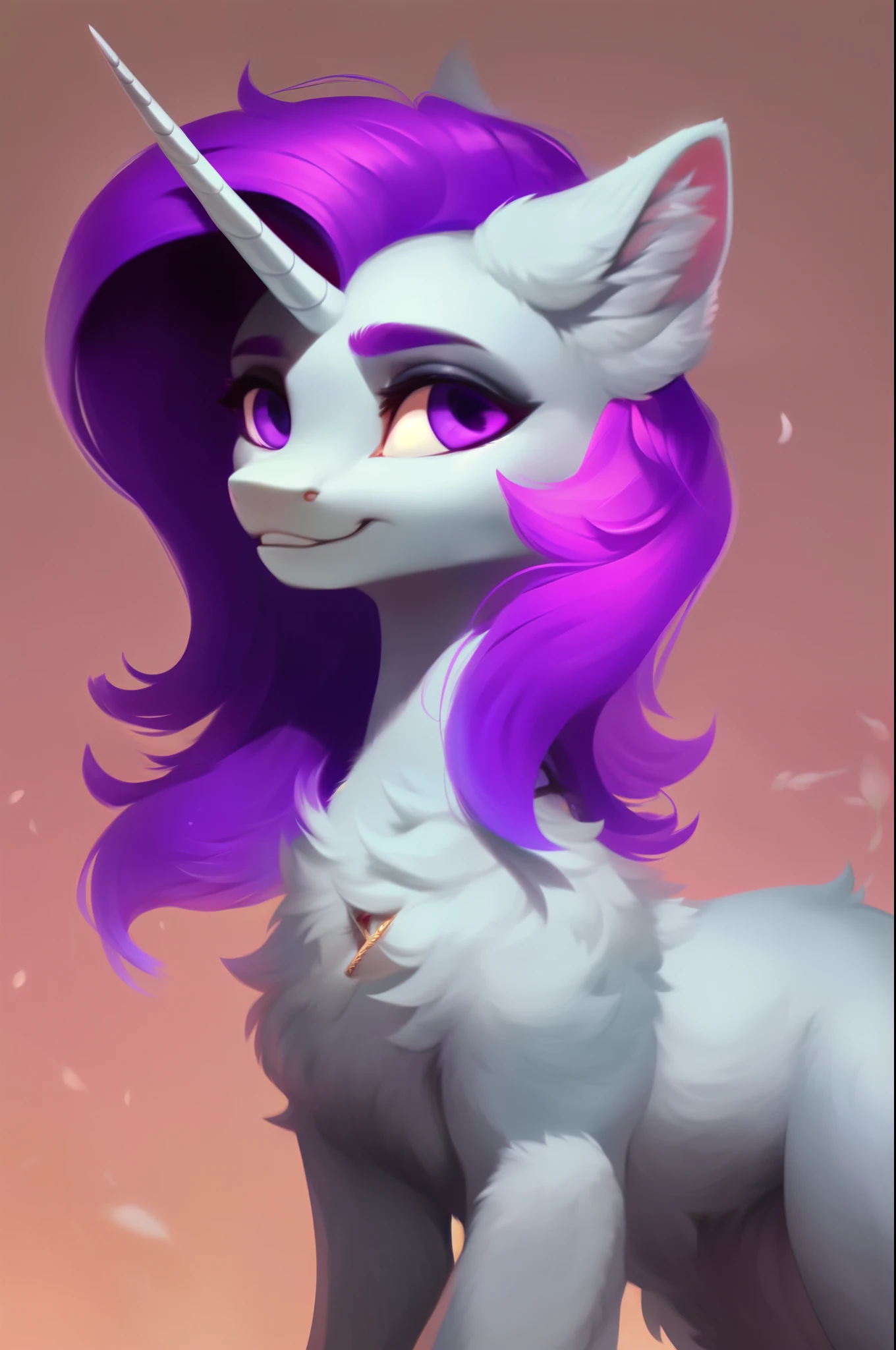 rating_safe, score_9, fluffy, feral unicorn pony, gray body, purple hair, purple eyes