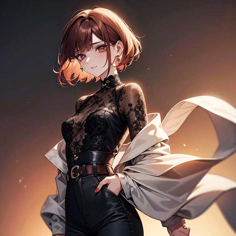 Reddish brown hair、Very Short Bob、Nape、Short nape、White lace high neck long sleeve blouse、Black jeans、Long eyelashes、fine、young、delicate、10th Generation、Slender girl、Earrings、Livelinesodest chest、