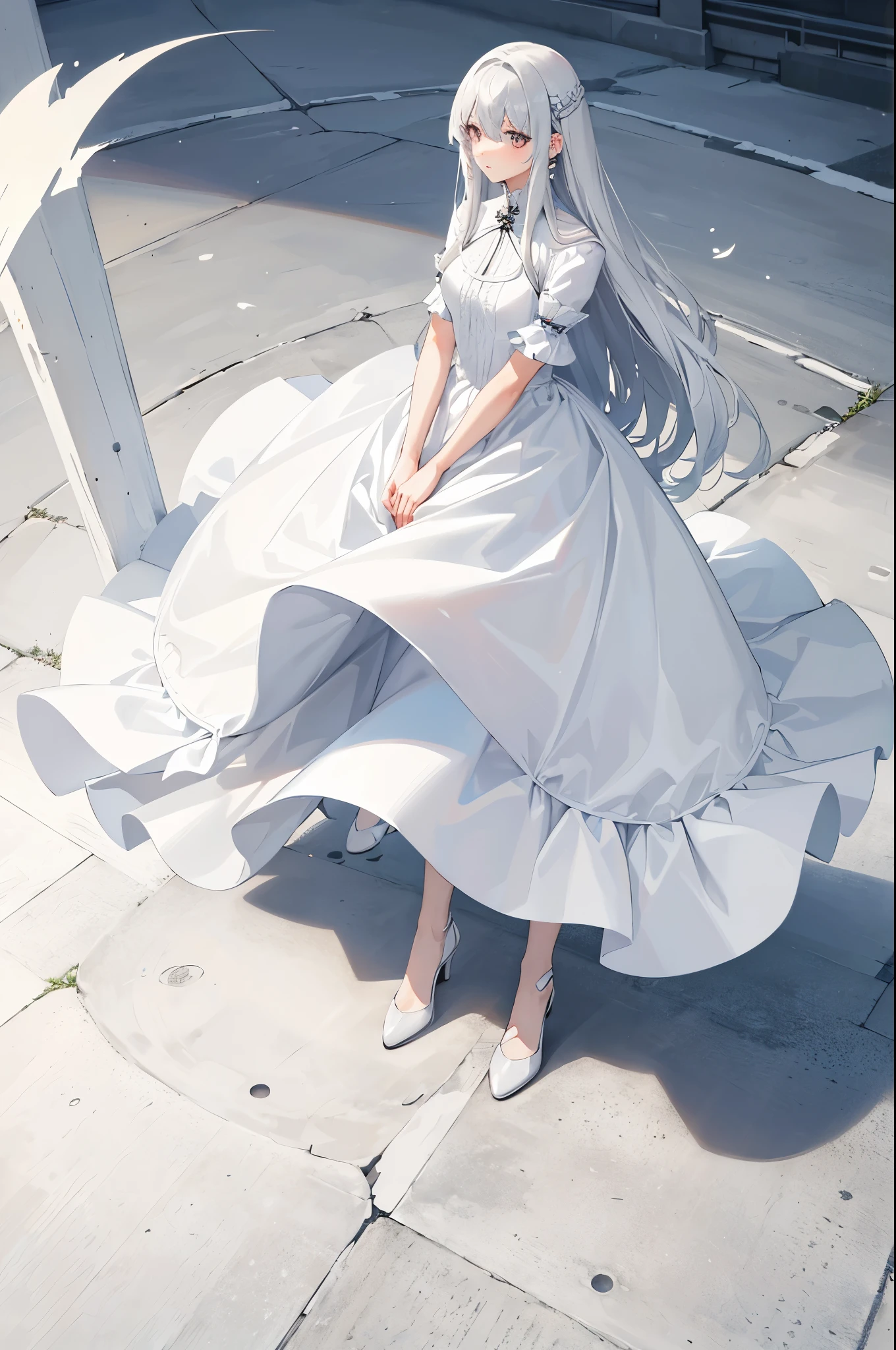 1woman, long silver hair, white dress, standing on ground, high res, ultra sharp, 8K, masterpiece