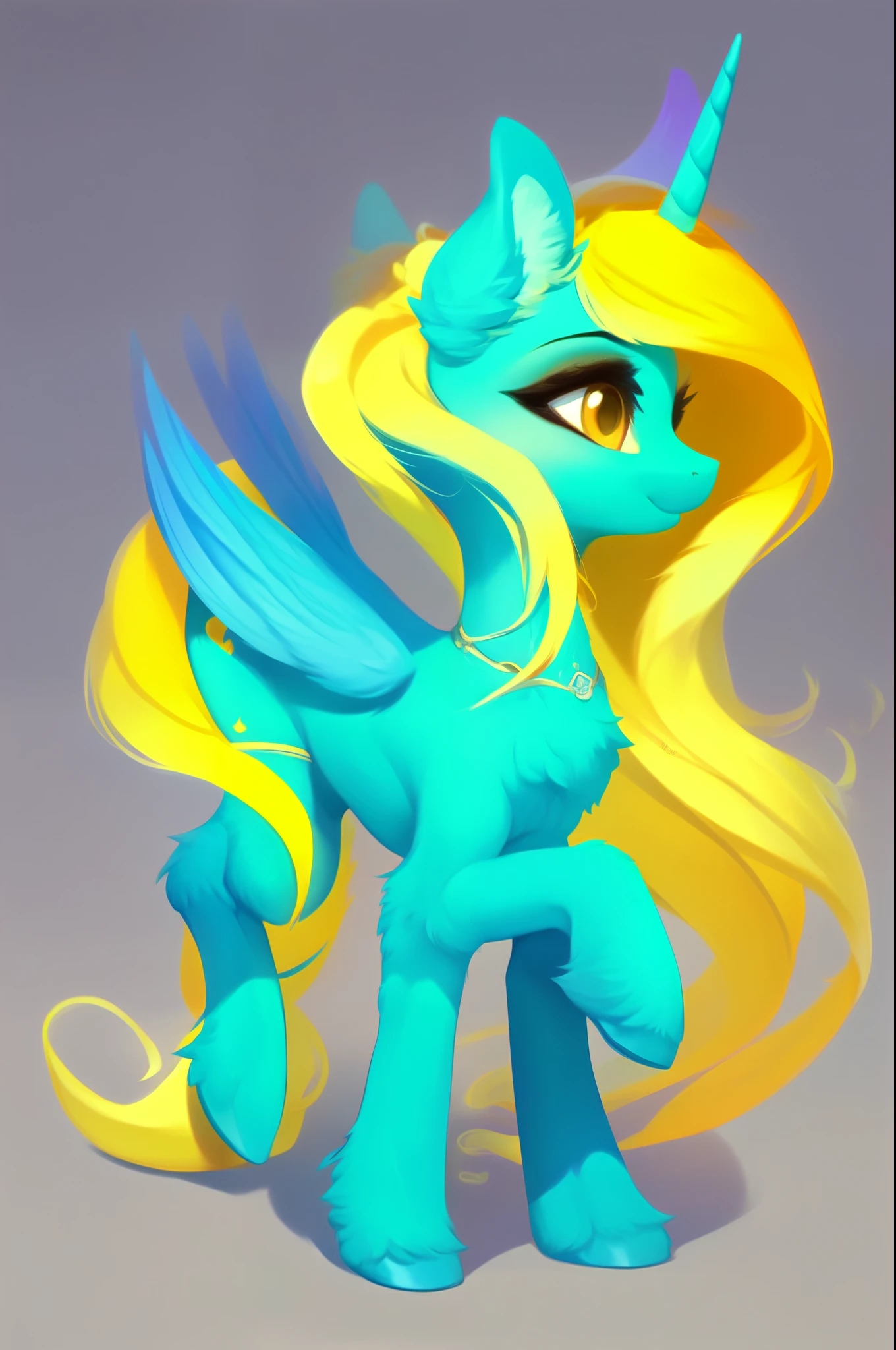 rating_safe, score_9, fluffy, feral unicorn pony, cyan body, long yellow hair, plain background, full body
