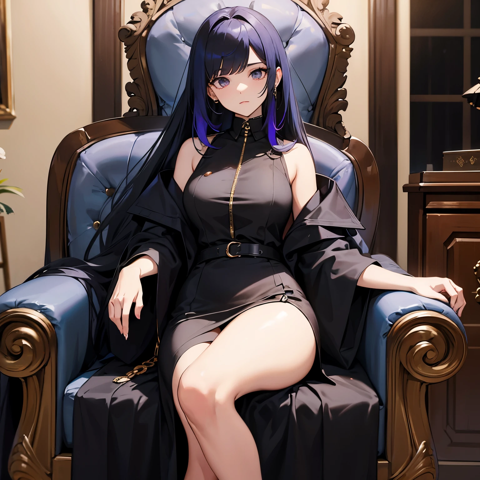 low angle, solo, murasaki (senran kagura), gigantic breasts, long purple hair, purple eyes, black hair ribbon, (dressed:1.4), BREAK, (wool sweater:1.3), (tights:1.3), sitting, crossed legs, high heel shoes, throne
<lora:murasaki:0.7>
<lora:add_detail:1>
<lora:GoodHands-beta2:1>