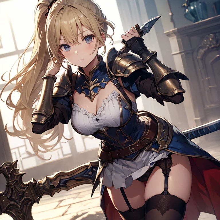 ponytail、Blonde、armor、Gauntlet、dress、garter belt、stockings、sword