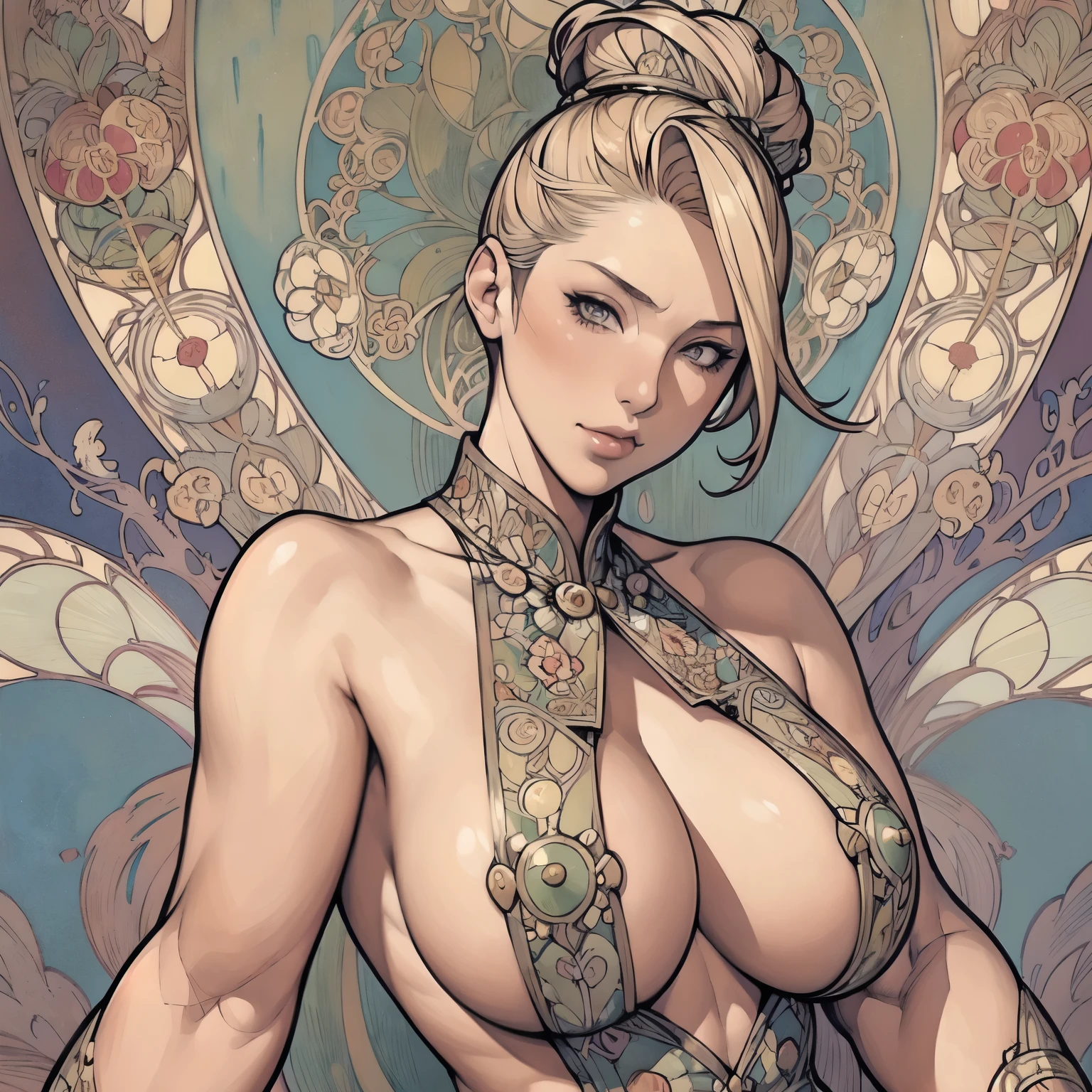 ((Detailed face)),((Mucha's style)),(vulgar),(portrait),Tits that are too big,blond hair,pompadour,(arms behind back:1.2),((addiction to sex))((light-armed man warrior)), half sticking out of clothes,(high position:1.6)