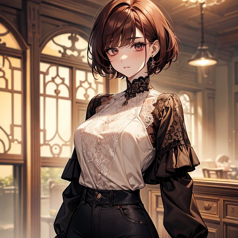 Reddish brown hair、Pixie Cut、Bob、Nape、Short nape、White lace high neck long sleeve blouse、Black jeans、Long eyelashes、fine、young、delicate、10th Generation、Slender girl、Earrings、Livelinesodest chest、
