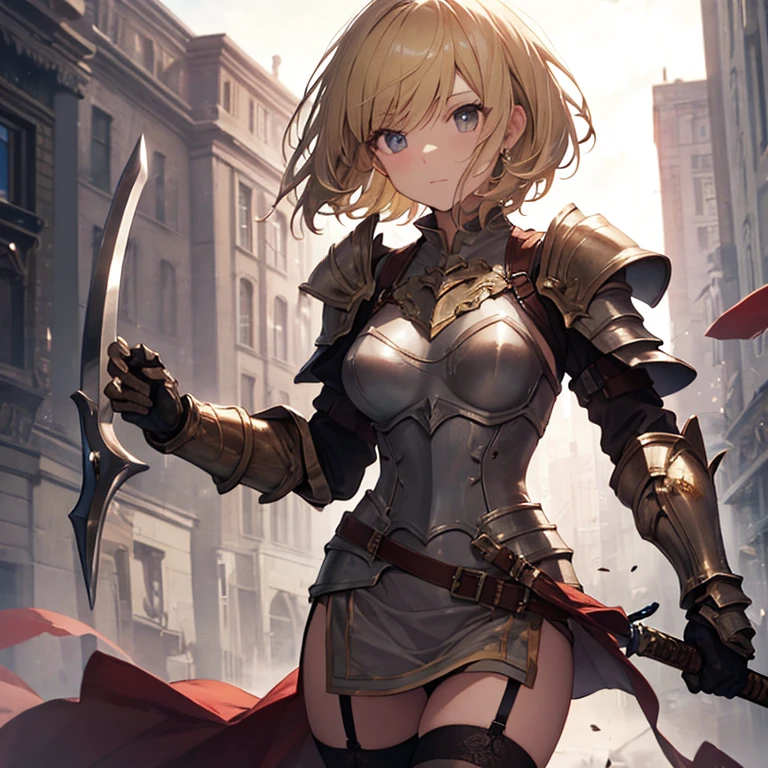Short Hair、Blonde、armor、Gauntlet、dress、garter belt、stockings、sword