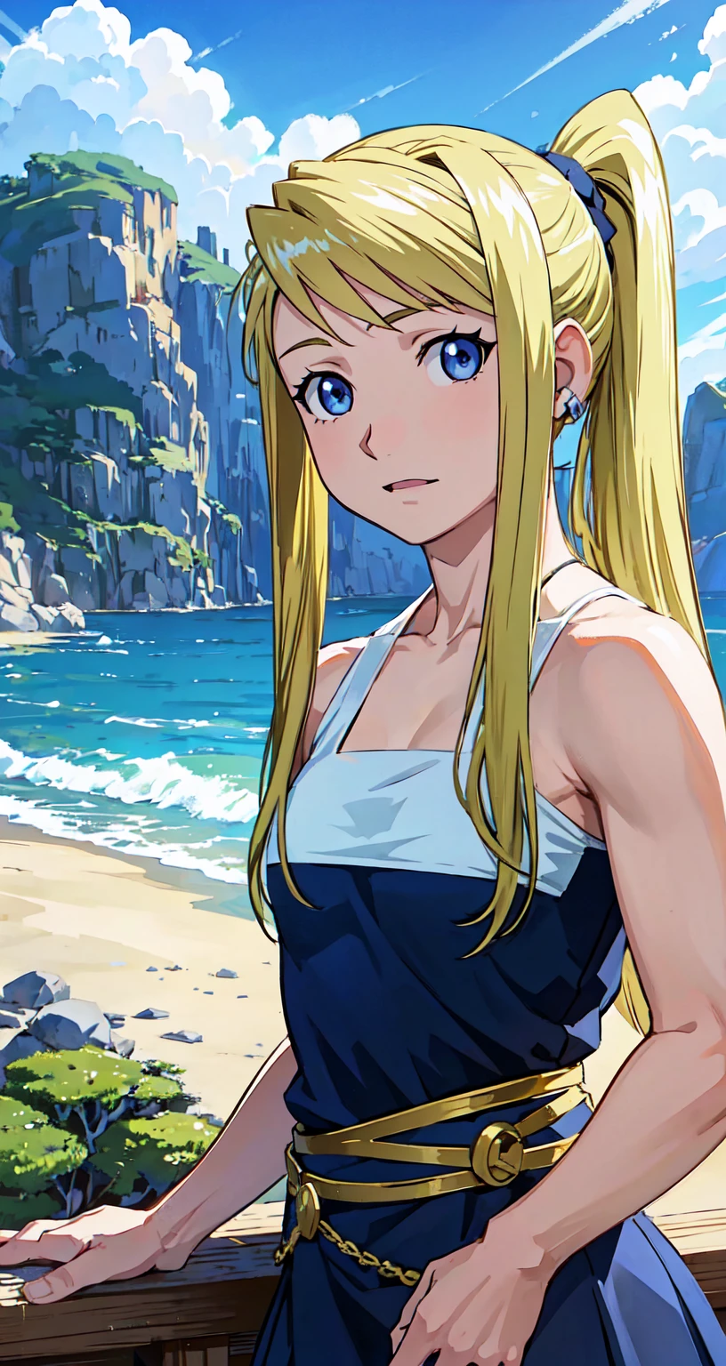 masterpiece, highest quality, , One girl, alone, View your viewers, Upper Body, , , Realistic, Winry_rock bell, Blonde, blue eyes, ponytail, , , Island of Dreams: Where your deepest wishes come true,