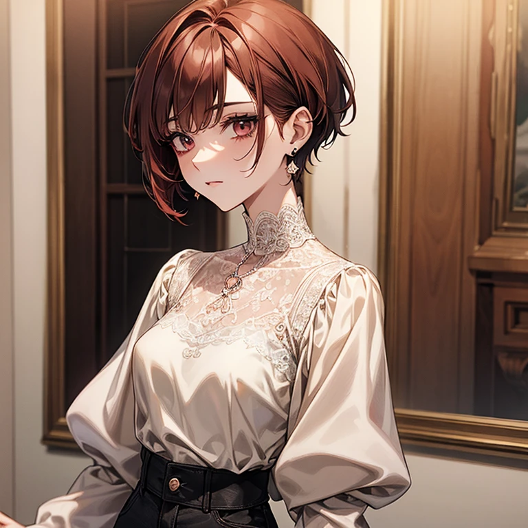 Reddish brown hair、Pixie Cut、Bob、Nape、Short nape、White lace high neck long sleeve blouse、Black jeans、Long eyelashes、fine、young、delicate、10th Generation、Slender girl、Earrings、Livelinesodest chest、