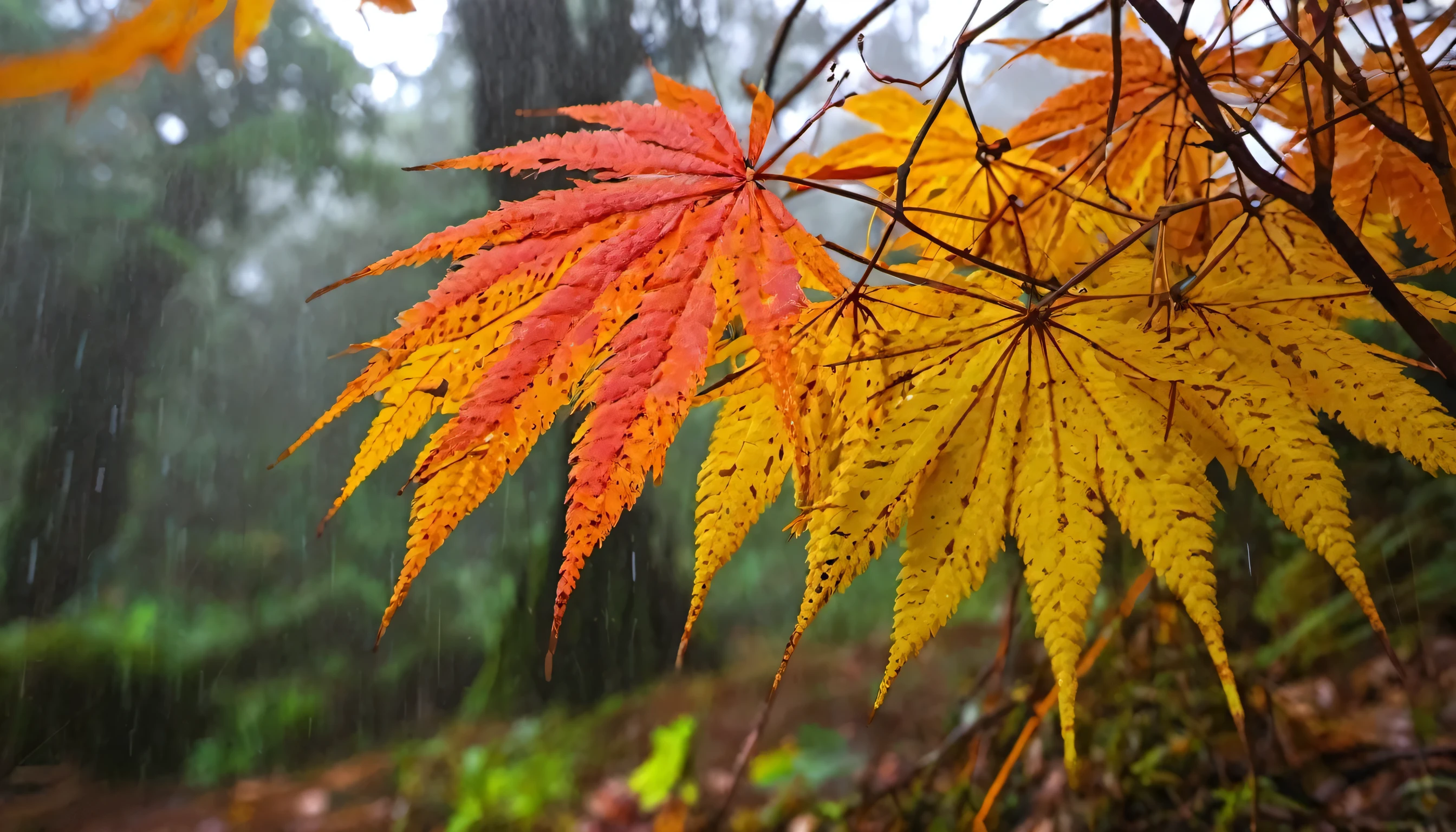The endless autumn rain brushes the moss,Floresta de bordo vermelho,The sound is rain falling with maple leaves,Eu caminhei por caminhos lamacentos na floresta,There was an embarrassed man with his back in the smoke and rain。There is nothing at hand,Sem capa de chuva,sem guarda-chuva。