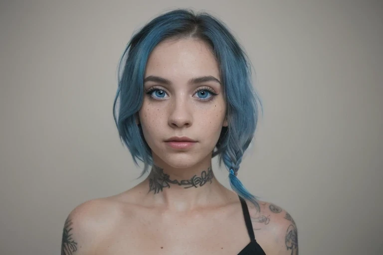 masterpiece, best qualitymorgpie, 1girl, solo, looking at viewer, photo retrato, blue hair, eye liner, pony tail, A woman in her 20s, looking at the camera, she has freckles, blue eyes, she has Lush blue hair, tattoos on neck, wearing dressed as a news anchor, medium shot, hyperdetailed, hyperrealism, ((best quality)), ((masterpiece)), (detailed), 8k uhd, Nikon 70d, ISO200, F/2.8, 1/25sec, 70mm