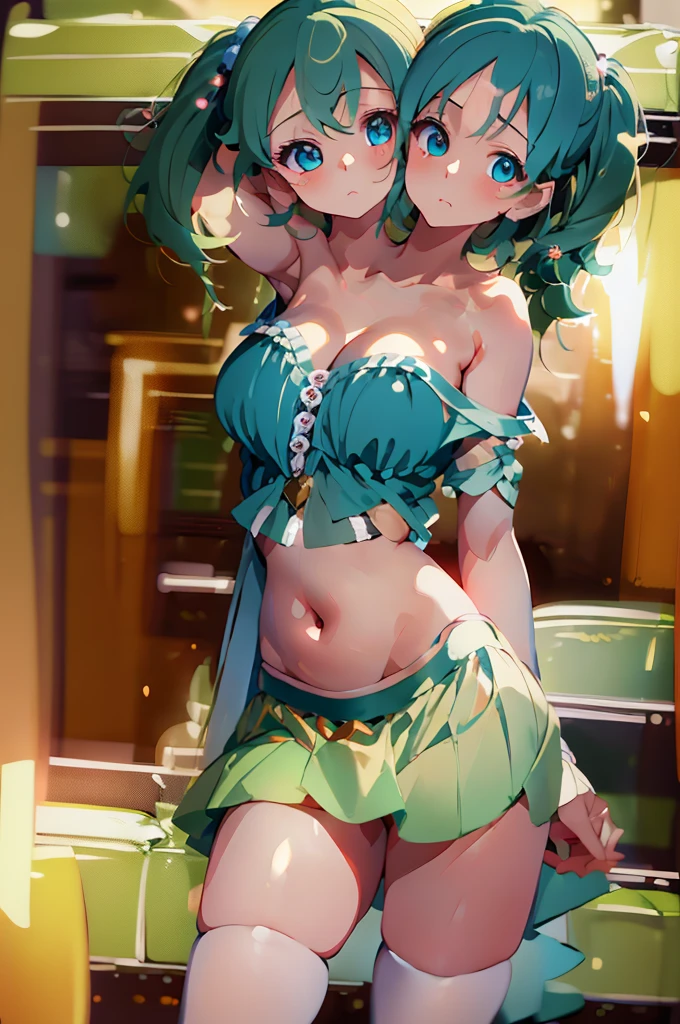 (masterpiece, best quality), best quality, (ultra-detailed), (3heads:1.5), 1girl, (kisume:1.3), masterpiece, best quality, ultra quality, ultra resolution ultra detail, white top, crop top, ((stomach)), midriff, ((groin)), white skirt with red and white papers stuck on them, normal ears, shackles, dark teal hair, very long hair, wavy hair, pigtails, green eyes, detailed eyes, parted lips, sweat, cute, toned belly, hand on own chest, eyelashes, (24 year old woman:1.3), (masterpiece:1.5), (best quality:1.5), (beautiful detailed), extremely detailed CG, extremely delicate and beautiful, depth of field, (finely detailed face), (perfect details:1.2), (mature female:1.4), wide pelvis, slender, large veiny breast, 16k resolution, highres, very high quality, very high definition, extremely detailed, masterpiece, dark teal hair, long hair, alluring presence, pigtails, short skirt, close up, big tits, young,