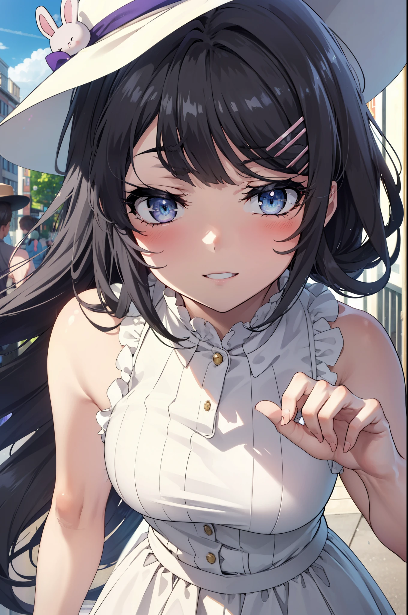 maisakurajima, Mai Sakurajima, Long Hair, bangs, (Black Hair:1.5), hair ornaments, (Purple eyes:1.1), Hair Clip, rabbit hair ornaments,time Daytime,sunny,Light of the sun,White hat,
happy smile, smile, Open your mouth,blush,Sleeveless dress,Long skirt,Cute heeled sandals,Clear skies,Daytime break looking at viewer,whole body, (Cowboy Shot:1. 5) , break outdoors, Building district,In town, break (masterpiece:1.2), highest quality, High resolution, unity 8k wallpaper, (shape:0.8), (Beautiful and beautiful eyes:1.6), Highly detailed face, Perfect lighting, Highly detailed CG, (Perfect hands, Perfect Anatomy),