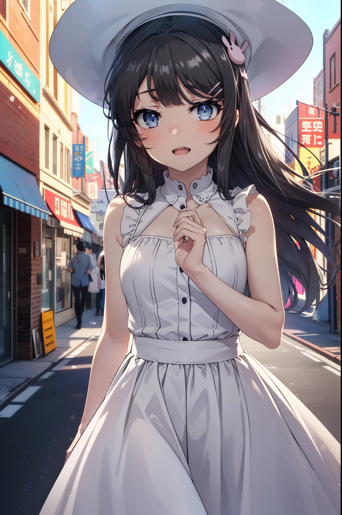 maisakurajima, Mai Sakurajima, Long Hair, bangs, (Black Hair:1.5), hair ornaments, (Purple eyes:1.1), Hair Clip, rabbit hair ornaments,time　Daytime,sunny,Light of the sun,White hat,
happy smile, smile, Open your mouth,blush,Sleeveless dress,Long skirt,Cute heeled sandals,Clear skies,Daytime　　　　　　　　　　　　break looking at viewer,whole body, (Cowboy Shot:1. 5) ,　　　　　　　　　　　　　　　　　　　　break outdoors, Building district,In town, break (masterpiece:1.2), highest quality, High resolution, unity 8k wallpaper, (shape:0.8), (Beautiful and beautiful eyes:1.6), Highly detailed face, Perfect lighting, Highly detailed CG, (Perfect hands, Perfect Anatomy),