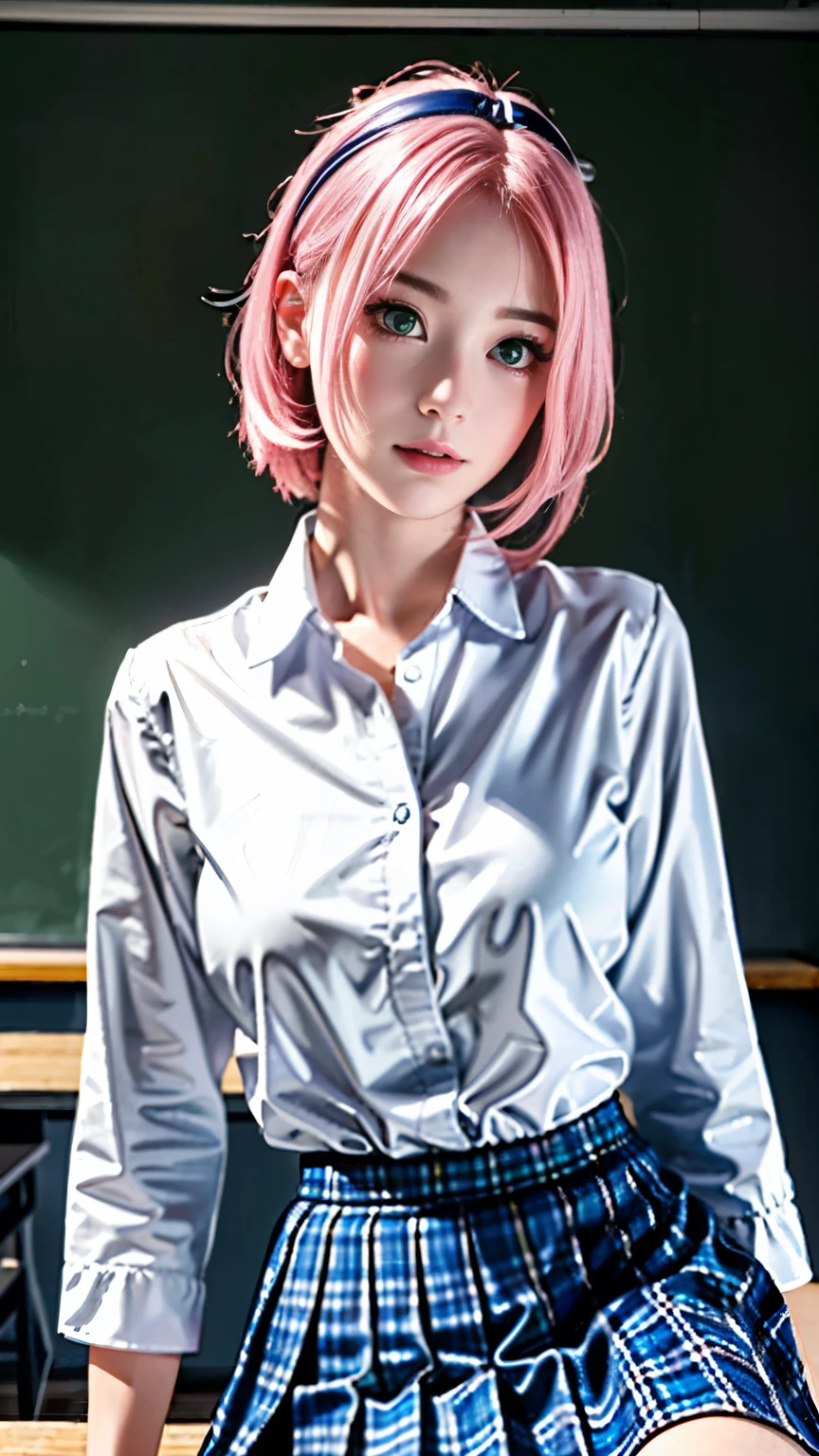 {highest quality, masterpiece, Super detailed}, (Realistic: 1.3), (photo Realistic: 1.3),wallpaper, break {From below},(((Naruto, Haruno Sakura))),{{{Japan's JK Uniform, Collared school shirt, Long sleeve, Navy blue plaid pleated mini skirt}}}, {{high school, classroom}}, Cinema Lighting, sunset ,{{Sexy pose, Nogizaka Idol}}, Highly detailed face, Fine grain, Green Eyes, break,{Pink Hair,hair band、 Large Breasts}, break , Around 18 years old, cute, Sensual, View your viewers,{{{Face Focus, Lips close up}}},Challenging eyes, Teasing the audience, to ridicule