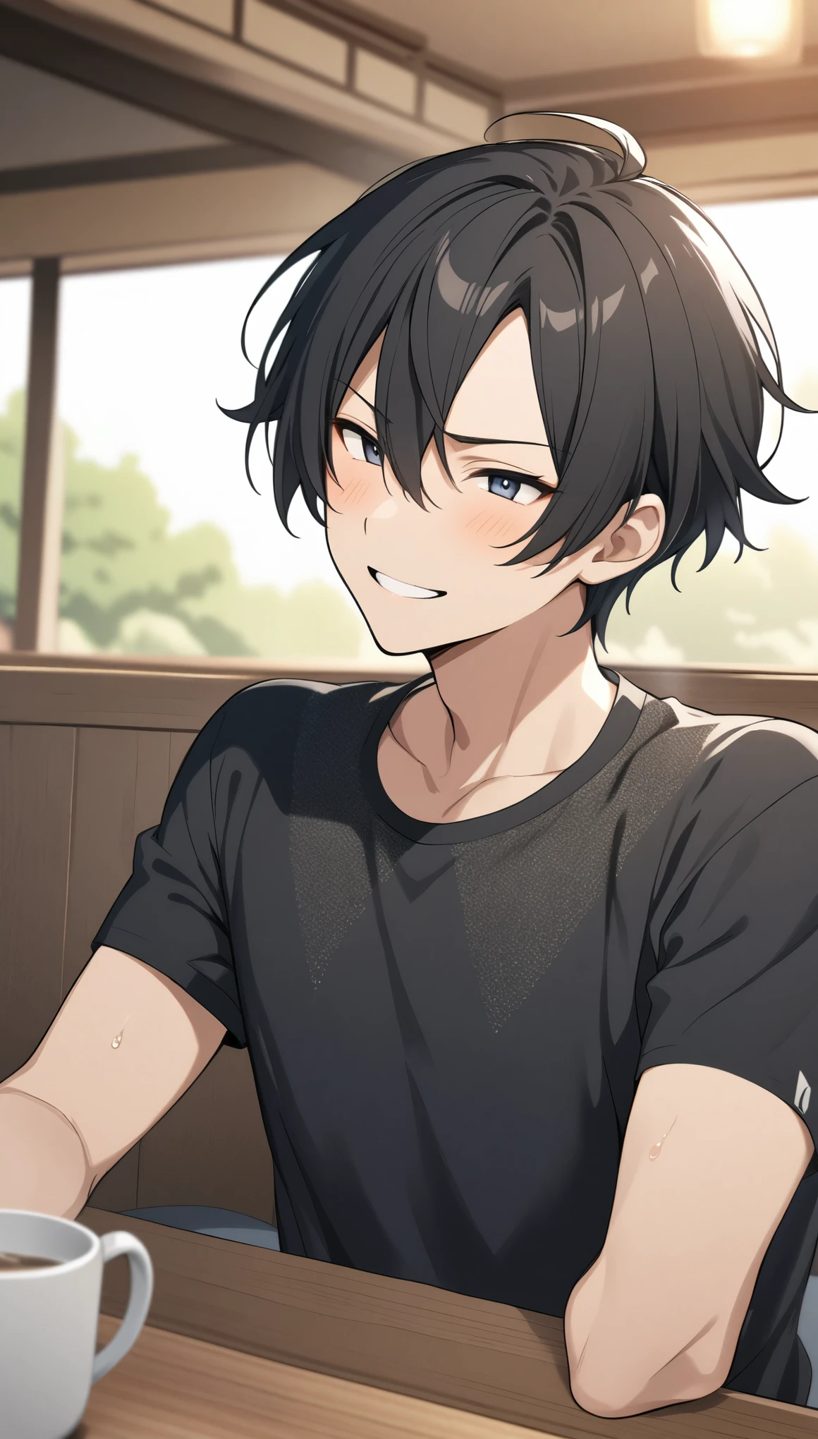 Anime boy sitting at a table with a cup of coffee - SeaArt AI