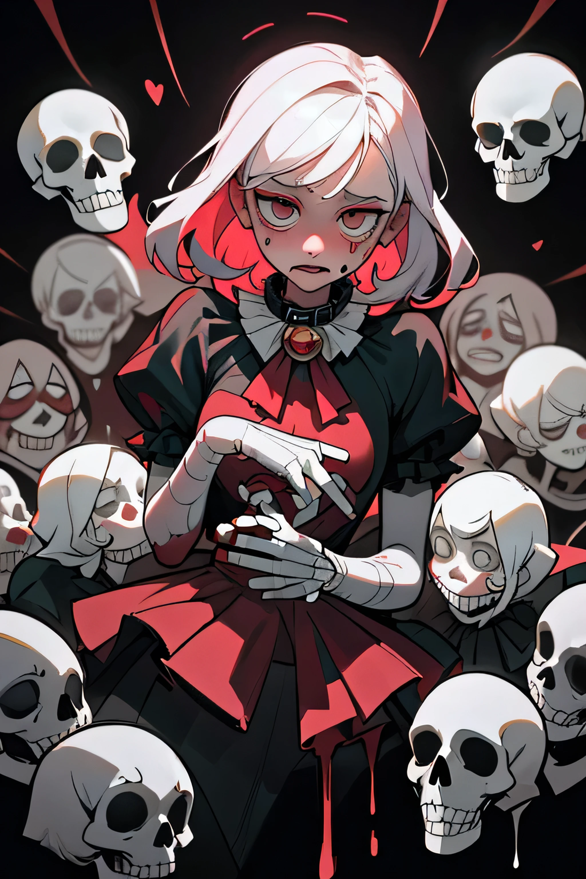 1girl,horror,pale skin,open mouth,alarmed and panicky,fear,full body,blood,with wide eyes,skull,from above,red hairband,black bow,dynamic pose,