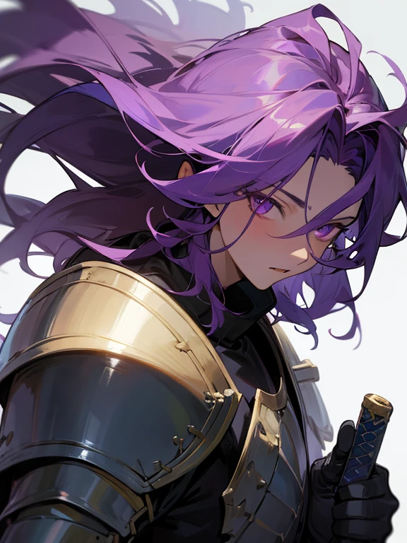 (masterpiece), best quality, expressive eyes, perfect face, 1boy, large hair, Raised hair, purple eyes, Knight armor, mature, shoulders armor, sword, holding_object, amethyst 