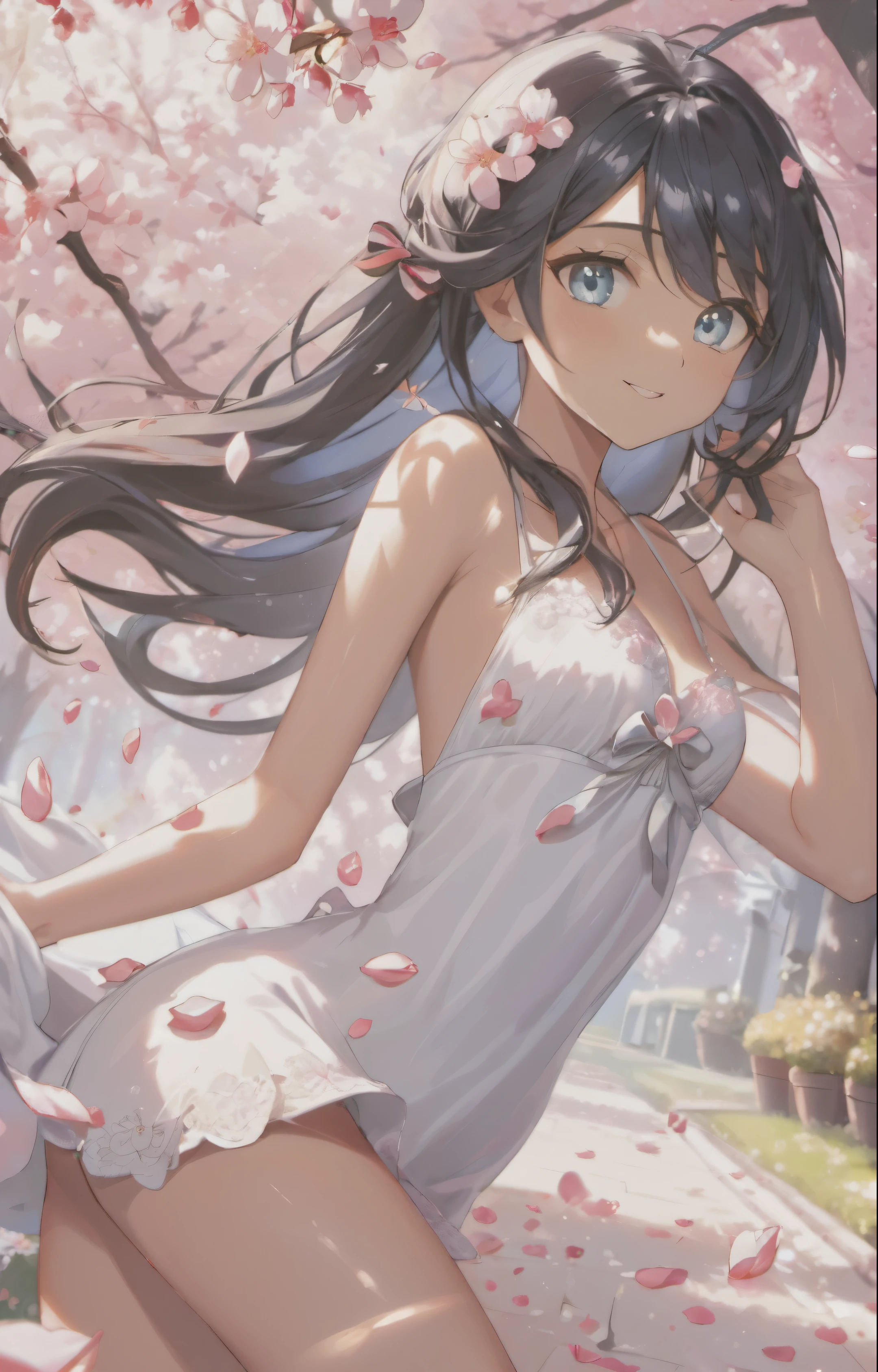 Browsing Caution、No clothes、(girl:1.5),Race,ribbon,(masterpiece, Side light, Beautiful detailed gray eyes: 1.2), Medium Chest, Realistic, Shining Eyes,Shiny Hair,Black Hair,Long, long hair, Glowing Skin, alone, Embarrassing,Exquisite,beautifully,garden,Flowers,Fluttering petals, barefoot, Cherry Blossom, Cinematic Light, Structure of the film, Rich Expressions、smile