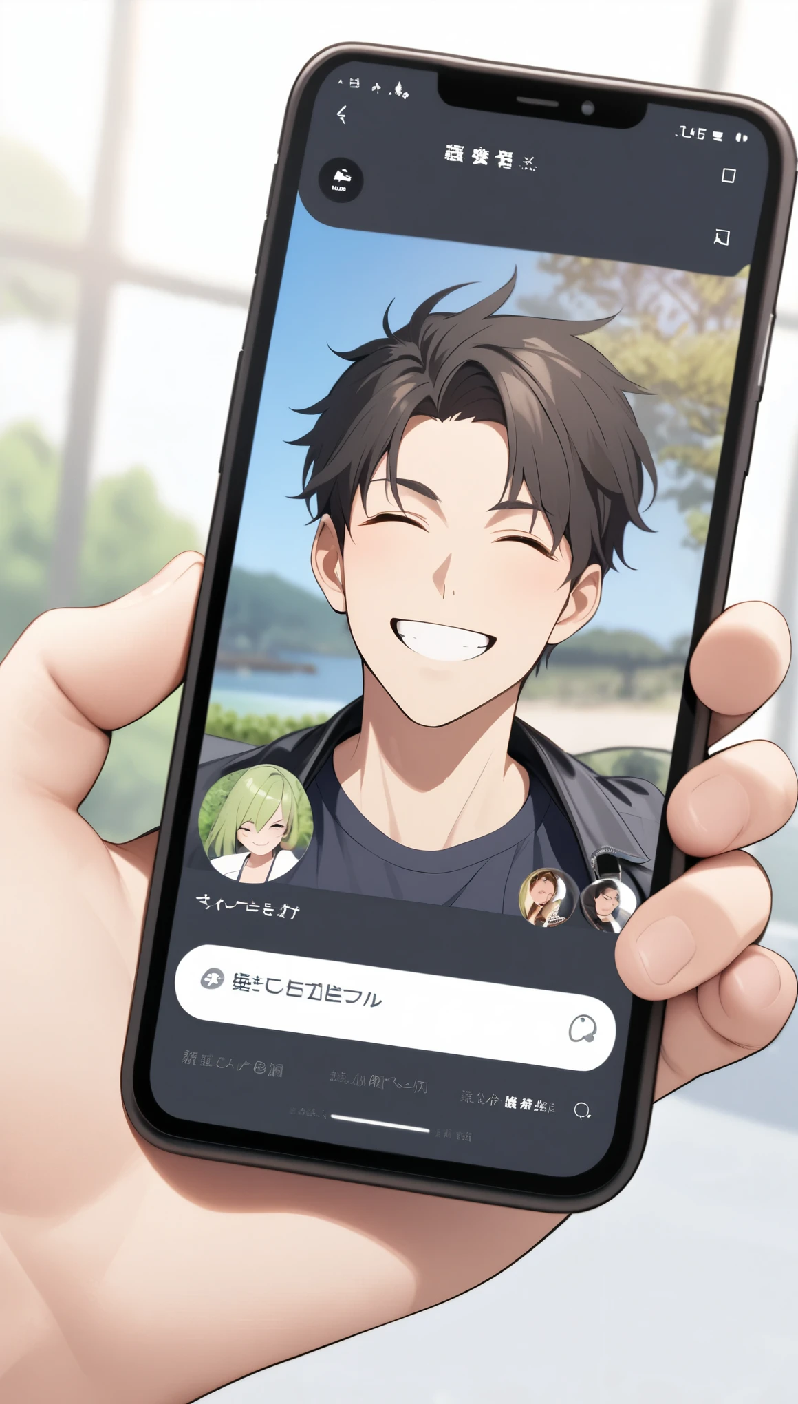 A man showing his smartphone screen、smile