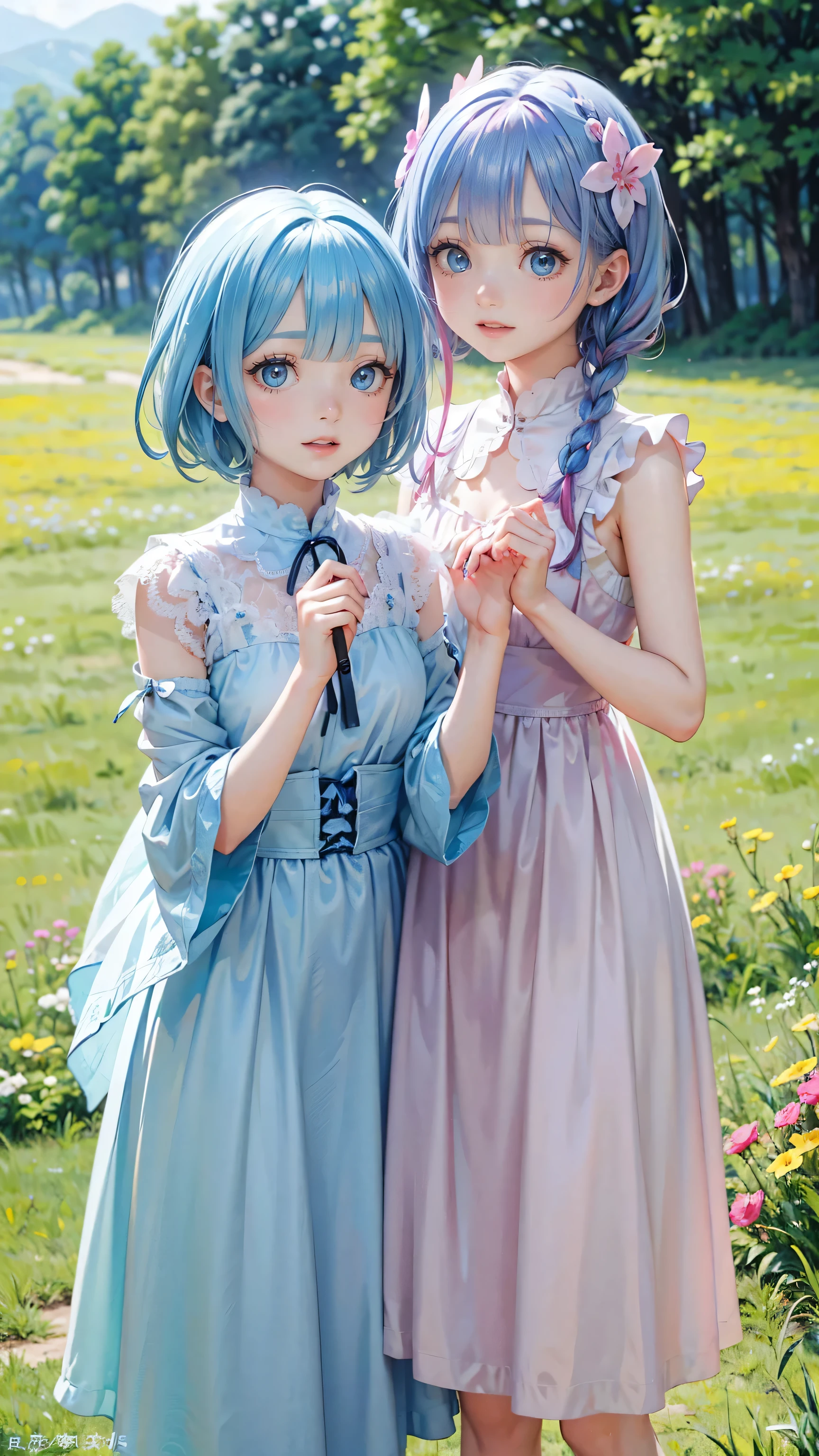 Two pure and innocent girls、10 years old、2 people(One with pink hair、1 Name Light Blue Hair)、Cute face、Beautiful Eyes、（Right and left eyes are different colors）、Transparent white skin、Natural beauty、Warm sunshine、Wildflowers swaying in the breeze々Surrounded by、Enjoying time in the fields。Butterflies and birds flutter around her、Creates a playful atmosphere。