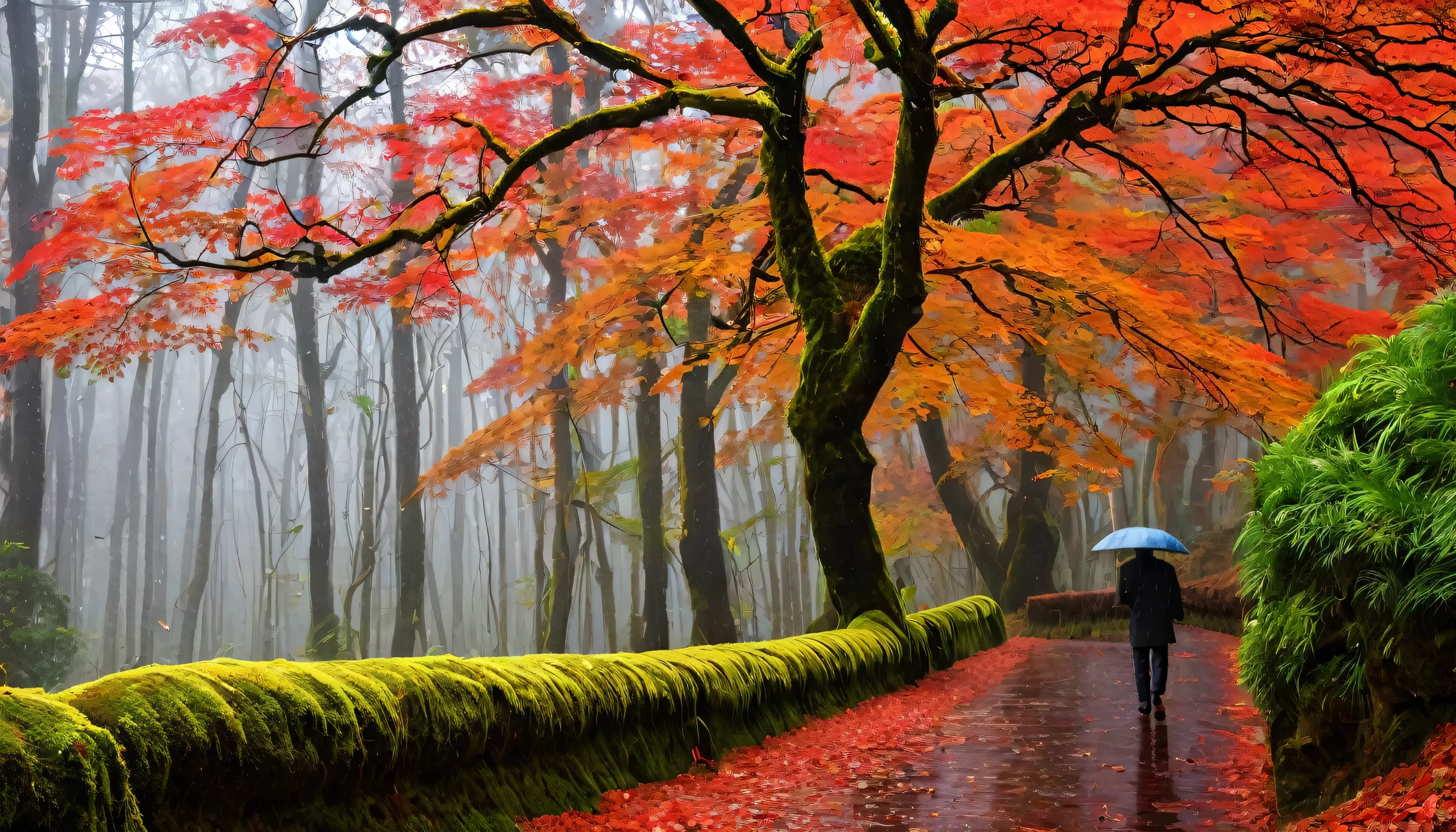 The endless autumn rain brushes the moss，Floresta de bordo vermelho，The sound is rain falling with maple leaves，Eu caminhei por caminhos lamacentos na floresta，There was an embarrassed man with his back in the smoke and rain。There is nothing at hand，Sem capa de chuva，sem guarda-chuva。