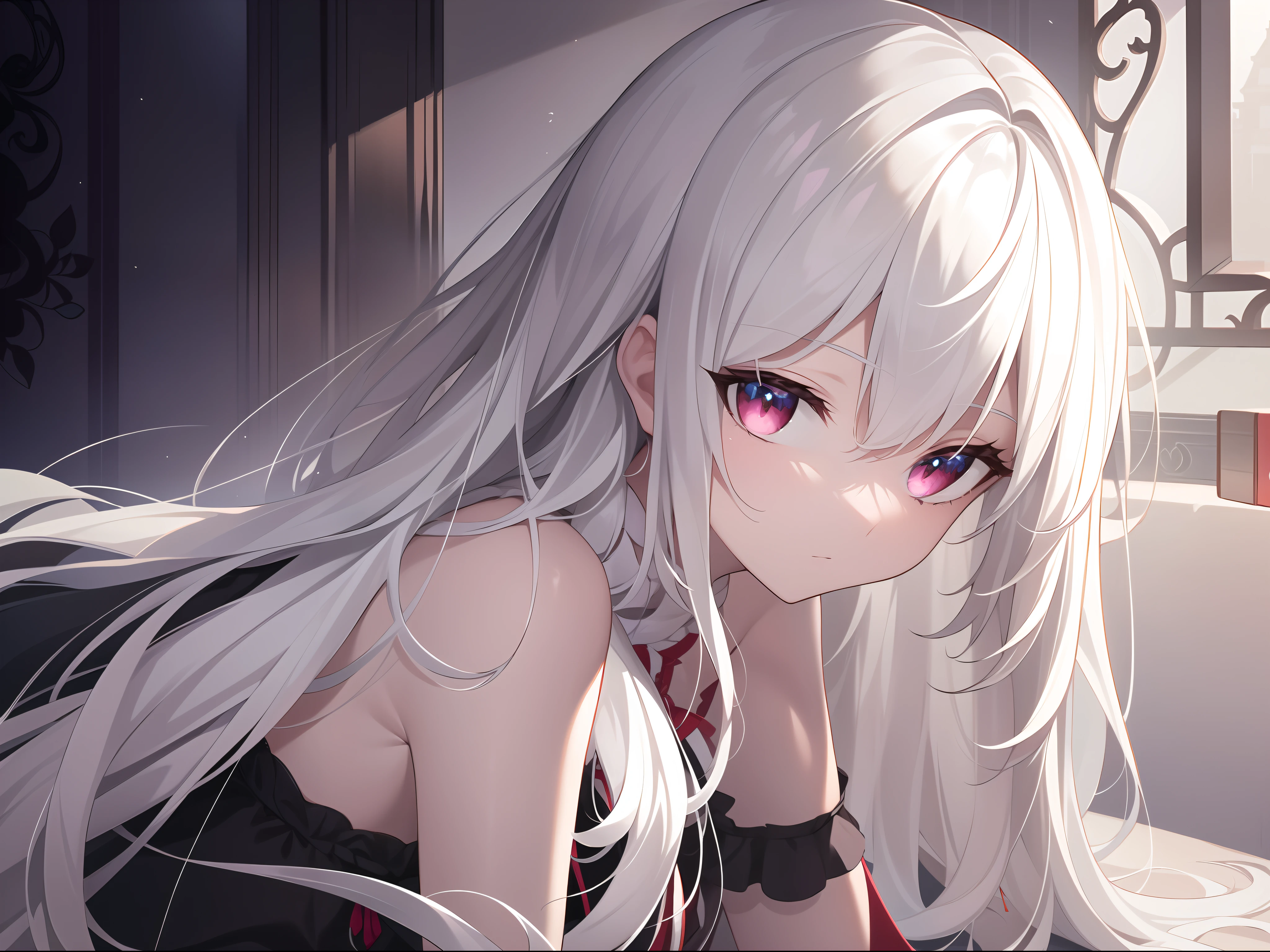 ((Meisterwerk, best quality))++, detailliertes Licht+, Detail Haar+, Detail-Hand+ ,1Girl, Frau, lange Haare, Purpurrote Augen, wunderLovely Augen, Junge graue Haare,,(Beautiful white hair:1.5),(Lovely, detaillierte Augen), High resolution+, schwarze Seide , ein schwarzer Rock, Glastöne, Reflektierende Augen, {{Winkel}} , extrem detaillierte Tapete, Original, ,