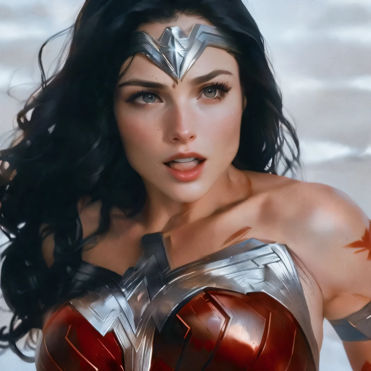 Melissa Benoist lowered the mantle of the Amazon warrior Wonder Woman long black hair perfect face updated suit Wonder Woman surreal and cinematic image face identical to that of the actress Melissa Benoist