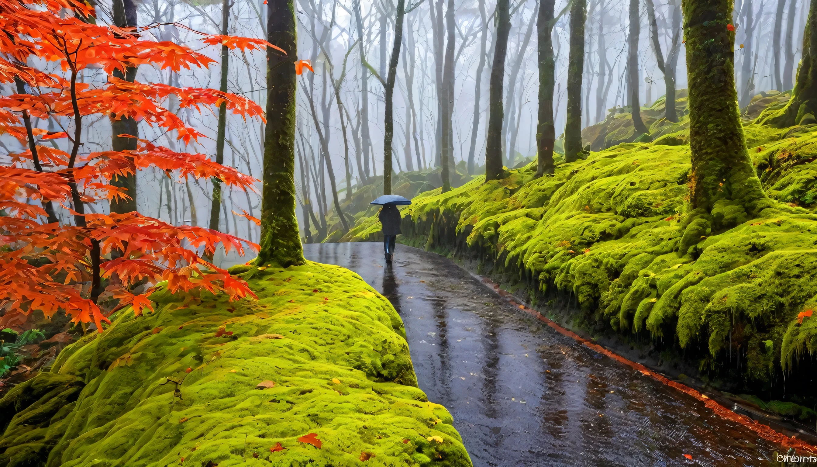 The endless autumn rain brushes the moss,Floresta de bordo vermelho,The sound is rain falling with maple leaves,Eu caminhei por caminhos lamacentos na floresta,There was an embarrassed man with his back in the smoke and rain。There is nothing at hand,Sem capa de chuva,sem guarda-chuva。