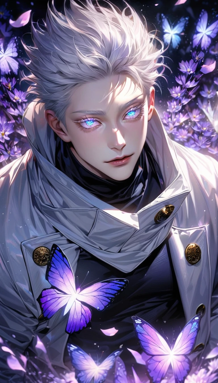 Ultra detailed, Highres, absurdres, HDR, master piece, Gojou Satoru, white hair with bangs, expressive blue eyes, white eyelashes, Jujutsu Kaisen, white long coat with patterns, purple ice flowers, petals, extremely handsome, sexy man, solo, extremely detailed eyes and face, purple ice, purple ice glittering butterflies, black tight t-shirt, realistic face, glittering, glittering eyes,