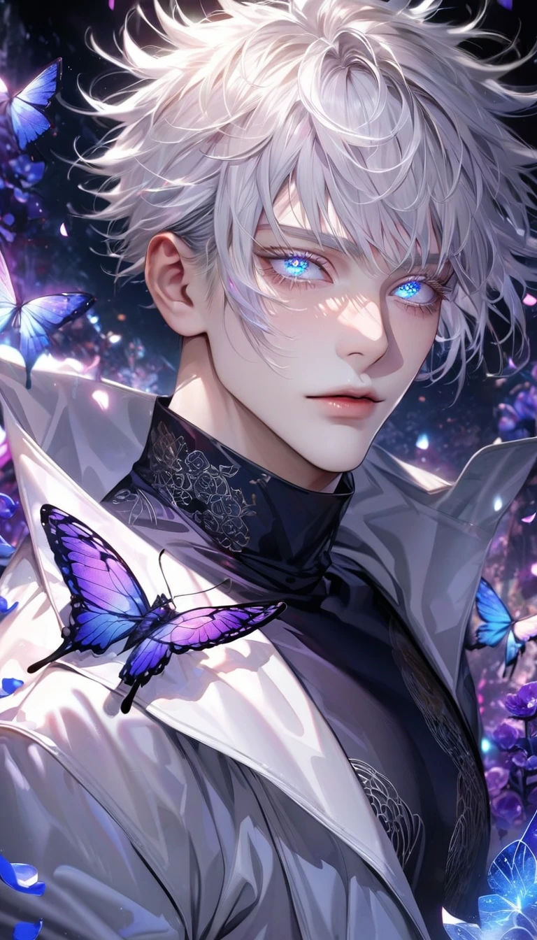 Ultra detailed, Highres, absurdres, HDR, master piece, Gojou Satoru, white hair with bangs, expressive blue eyes, white eyelashes, Jujutsu Kaisen, white long coat with patterns, purple ice flowers, petals, extremely handsome, sexy man, solo, extremely detailed eyes and face, purple ice, purple ice glittering butterflies, black tight t-shirt, realistic face, glittering, glittering eyes,