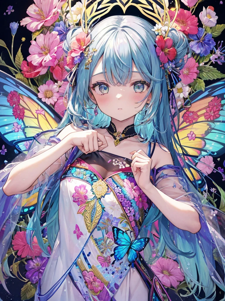 a beauty girl, Cute, Cute, Transparent, Beautiful, glinting, Leprechaun、Innocence, talent,Butterfly wings, tinker bell, Gentle, florals, Radiant, splatter step piece, Best Quality, of the highest quality, Official art, Beautiful and aesthetic: 1.2), (One girl: 1.3), Very detailed, (Fractal Art: 1.1), (Colorful: 1.1) (Floral pattern: 1.3) , Highest detail, (Zentangle: 1.2), (Dynamic Pose), (Abstract background: 1), (floral embroidery: 1.4), (Glossy skin), (Polychromatic: 1.4), Upper body, Hair Ornament