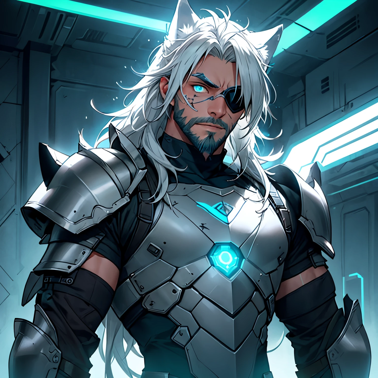 a muscular himbo with a short gruffy beard and long flowing white hair, has white wolf ears and isnt wearing a shirt, wearing high tech sci fi armor, wearing fingerless tech gauntlets, has eyepatch, solo, alone, (SOLO)(ALONE) 1 male, has glowing blue eyes, has long locks, innocent, stupid looking, wearing neon light armor, glowing armor, has glowing tattoos