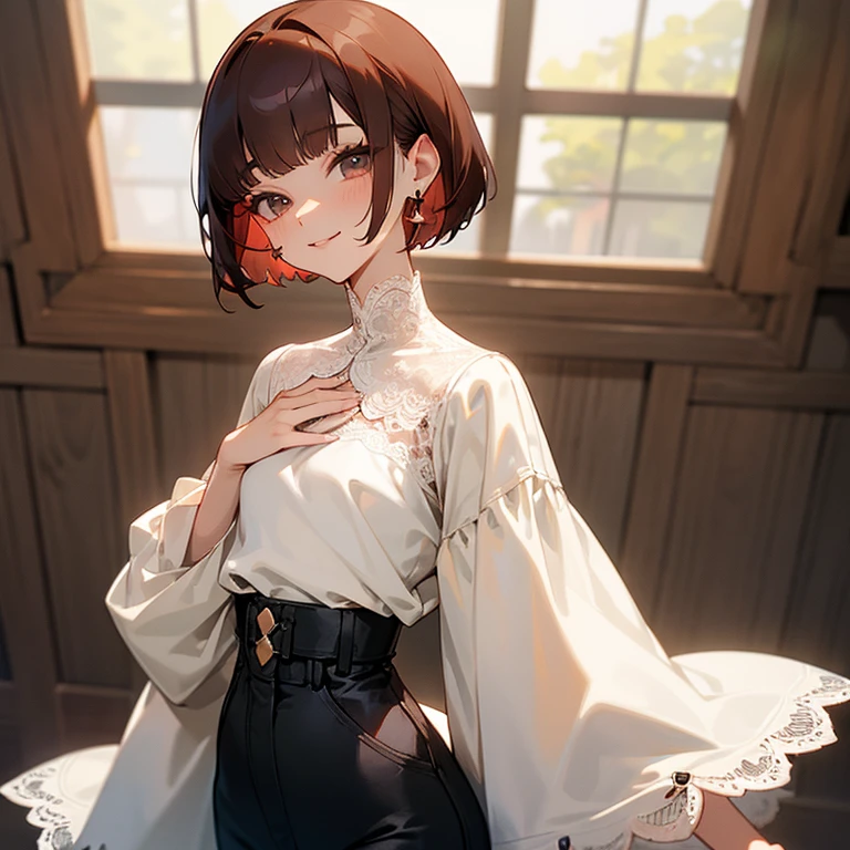 Reddish brown hair、Pixie Cut、Bob、Nape、Short nape、White lace high neck long sleeve blouse、Black jeans、Long eyelashes、Japanese、smile、fine、young、delicate、10th Generation、Slender girl、Earrings、Livelinesodest chest、