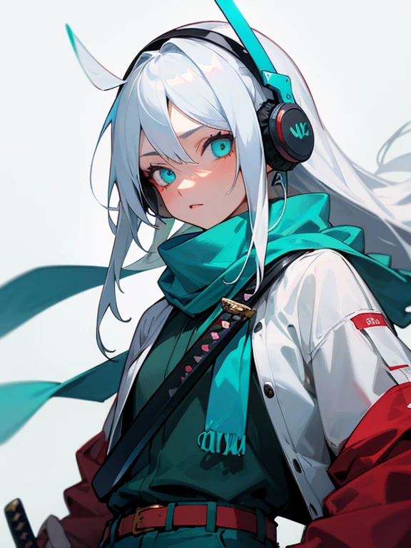 Masterpiece, best quality, expressive eyes, perfect face, 1girl, cyan eyes, white hair, long hair, headphones, scarf, jacket, belt, shorts, upper_body, sword at back, holding katana, holding_weapon