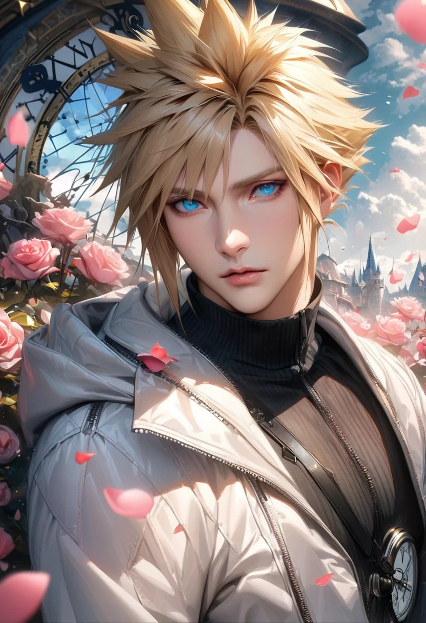 absurdres, highres, ultra detailed, HDR, masterpiece, extremely detailed face and eyes, realistic face, Cloud Strife, blond hair, expressive blue eyes, Final Fantasy Advent Children, solo, sexy man, handsome, white coat, black tight shirt, patterns, pink roses, blossoms, petals, in wonderland, clock