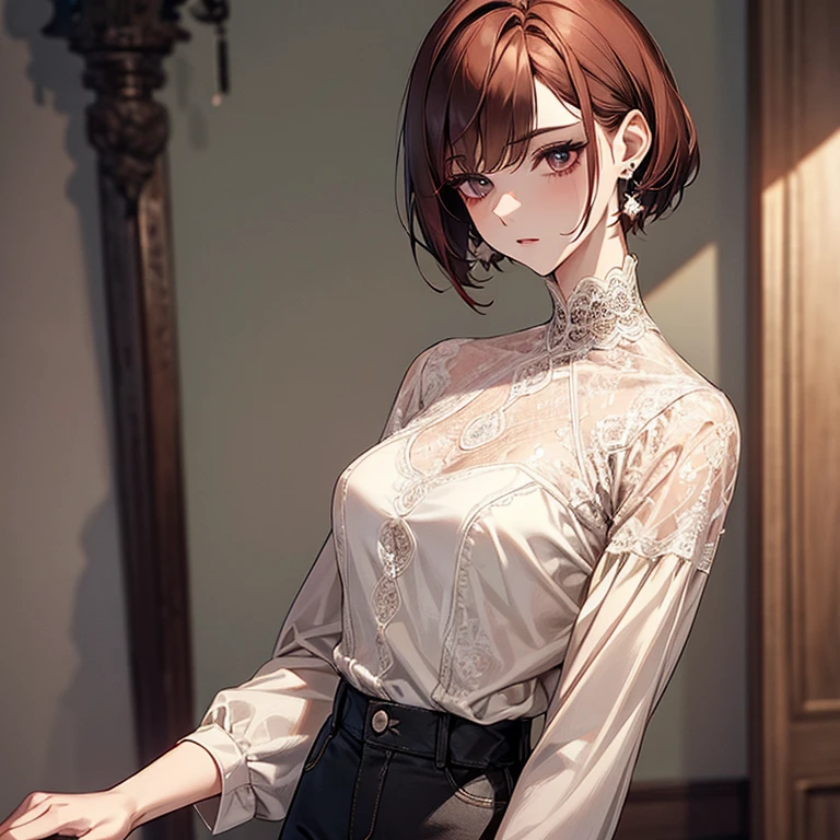 Reddish brown hair、Pixie Cut、Bob、Nape、Short nape、White lace high neck long sleeve blouse、Black jeans、Long eyelashes、fine、young、delicate、10th Generation、Slender girl、Earrings、Livelinesodest chest、