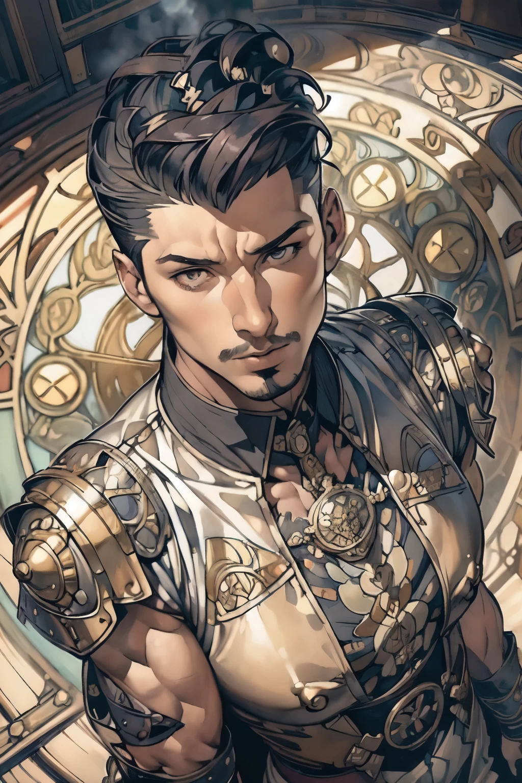 ((Detailed face)),((Mucha's style)),(portrait),((muscular male)),pompadour(Medieval male soldier),black hair(Mucha in the background),(high position:1.8)