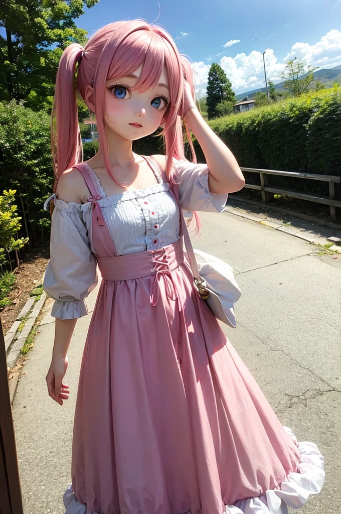 Pink Hair Twin tails Girl Blue Eyes Blue goggles on head Pink dress White Feather Lake Fairy