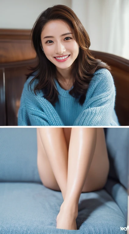 1 girl、whole body、smile、skeletally correct、Various poses、indoor、On the sofa,(Full legs),Ultra-high resolution,High Detail,Brighten the shadow contrast,Facial lighting ,Cinema Lighting,masterpiece,Super detailed,high quality,16k,High Contrast, SFW、Teeth are visible、ishiharasatomi