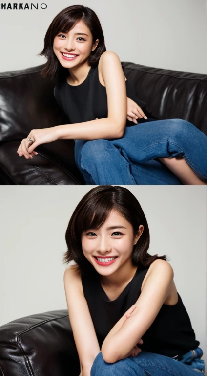 1 girl、whole body、smile、skeletally correct、Various poses、indoor、On the sofa，(Full legs)，Ultra-high resolution，High Detail，Brighten the shadow contrast，Facial lighting ，Cinema Lighting，masterpiece，Super detailed，high quality，16k，High Contrast, SFW、Teeth are visible、ishiharasatomi