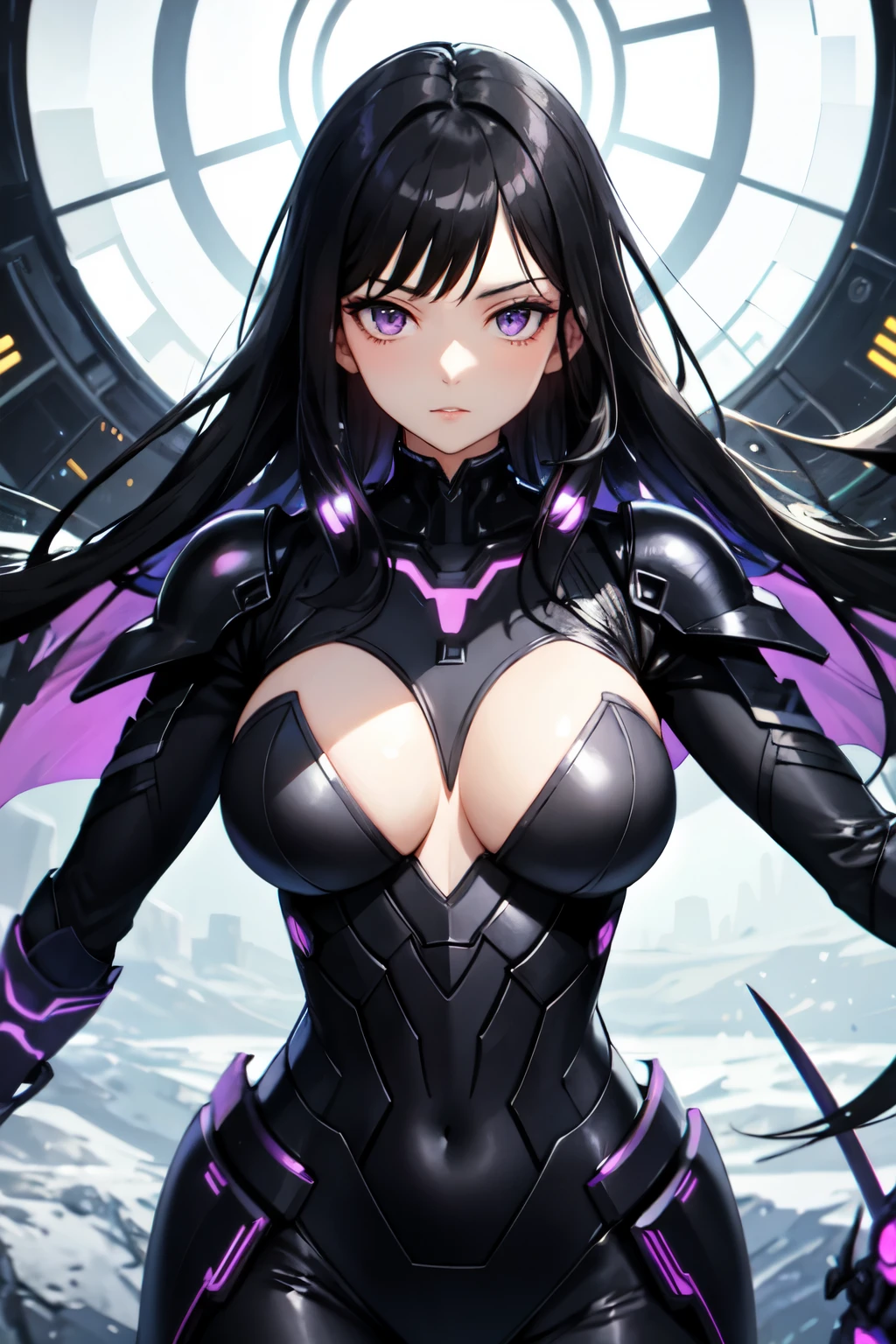 beautiful woman, long black hair, purple eyes, black futuristic battle suit, purple details, large bust, holding  swords, inside space ship, strong body, high quality